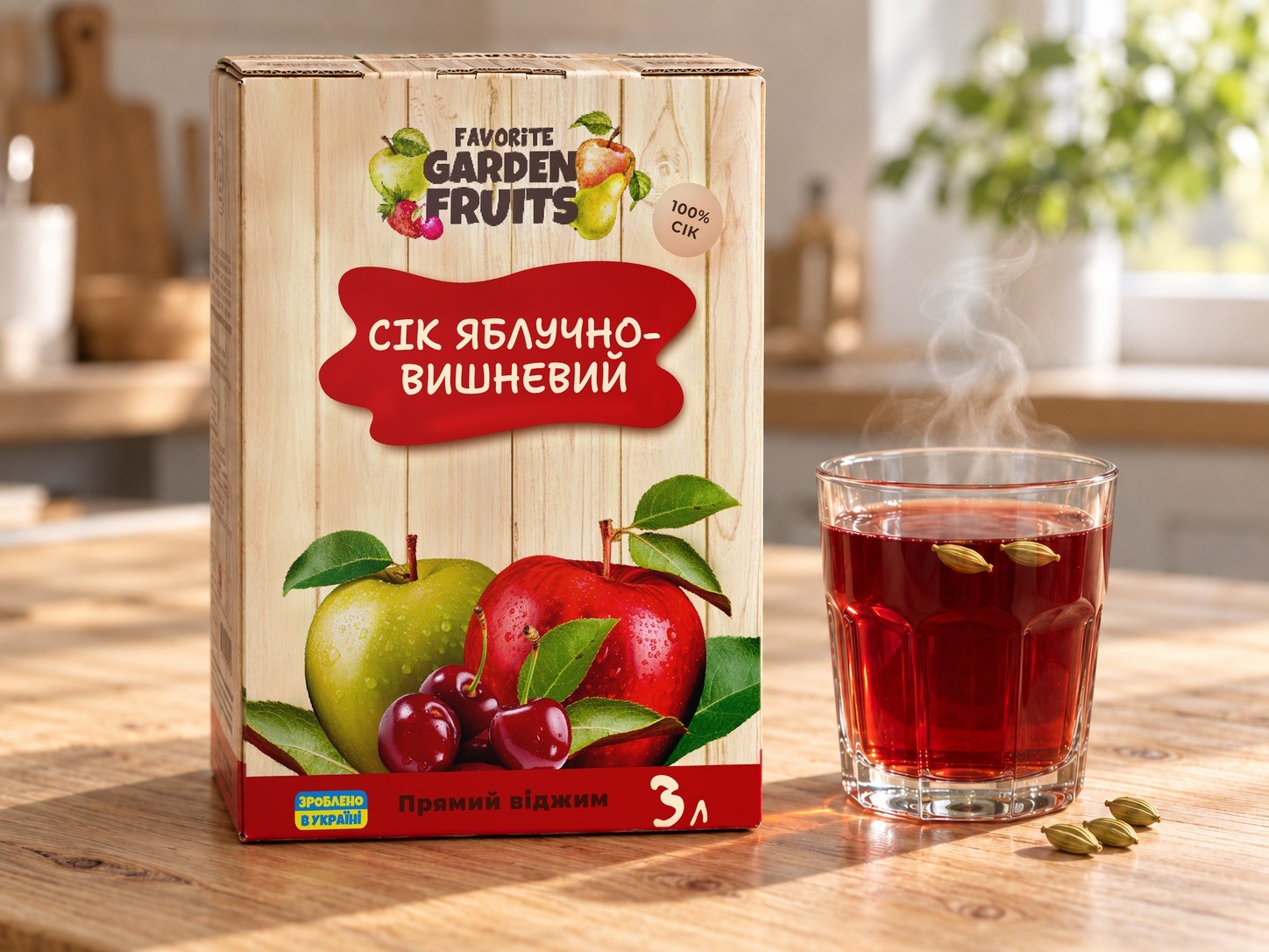 Non-alcoholic mulled wine made with apple-cherry juice and cardamom
